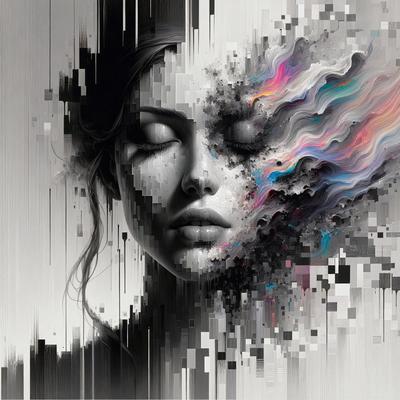The primary subject of the image is a woman with a beautiful face. She is the main focus of the image. The setting is a white background, which provides a clean and minimalistic environment. The visual style is a combination of digital art and illustration, creating a unique and artistic representation of the woman. The colors and mood of the image are predominantly black and white, giving it a classic and timeless feel.